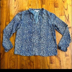 Cooper and Ella Blue Green Peach Leopard Print Blouse Ruffle Women’s Sz. Small